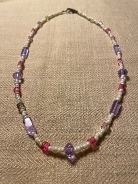 Beaded Pearl & Multicolor Crystal Necklace - Pink & Purple 17”